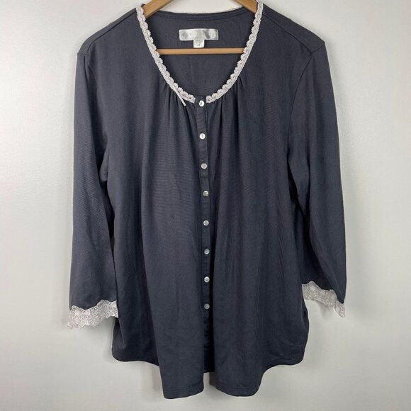 Eileen West  Two Piece Lace Trim Button Down Pajama Set  Dark Gray  Size Medium - Picture 1 of 7